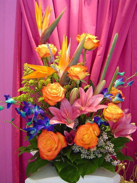 Bird of paradise, solidago, dendrobium orchids, roses and lilies