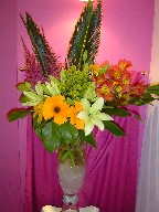 Sago palm, astilbe, gerbera, solidago, daisies, alstroemeria, lillies, and monstera