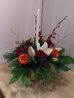 Roses, lillies, dianthus, monkara orchids, cones, pine, and Christmas branch