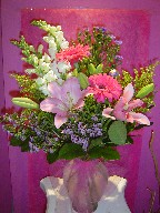 Snapdragon, lillies, gerbera, monte casino blue, and waxflowers