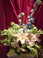 Delphinium, snapdragon, lillies, genest, and daisies