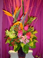 Bird of paradise, cymbidium orchids, coffee beans, roses, alstroemeria, solidago, and curly willow